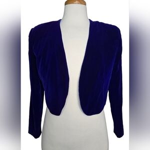 Vtg Vanessa Stevens Royal Blue Velvet Cropped Open Jacket Made in Canada Size 14
